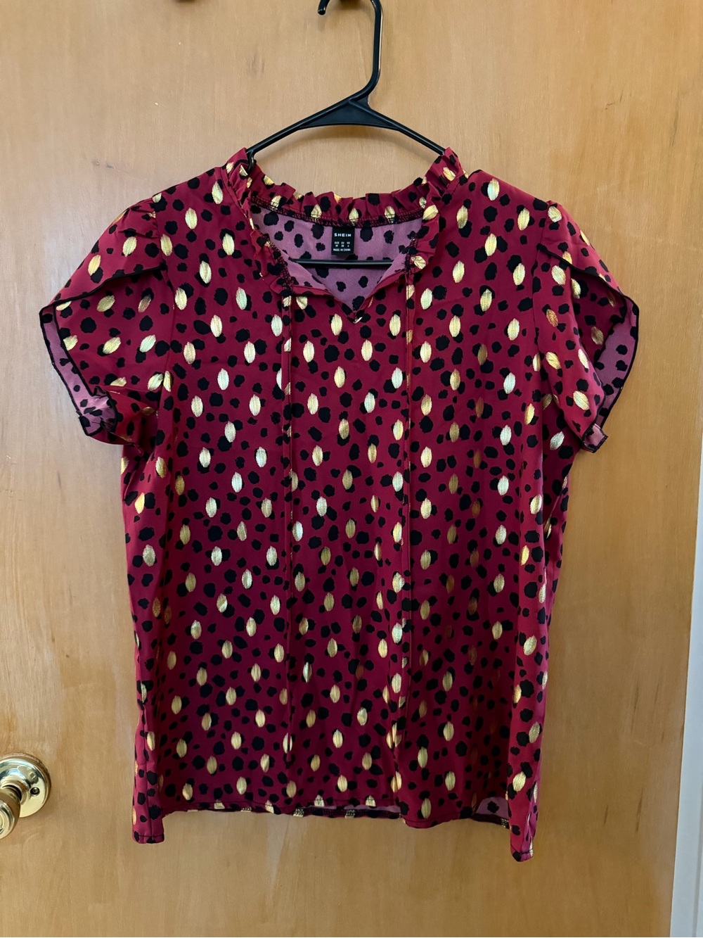 SHEIN Burgundy Blouse with Gold & Black Spot Print